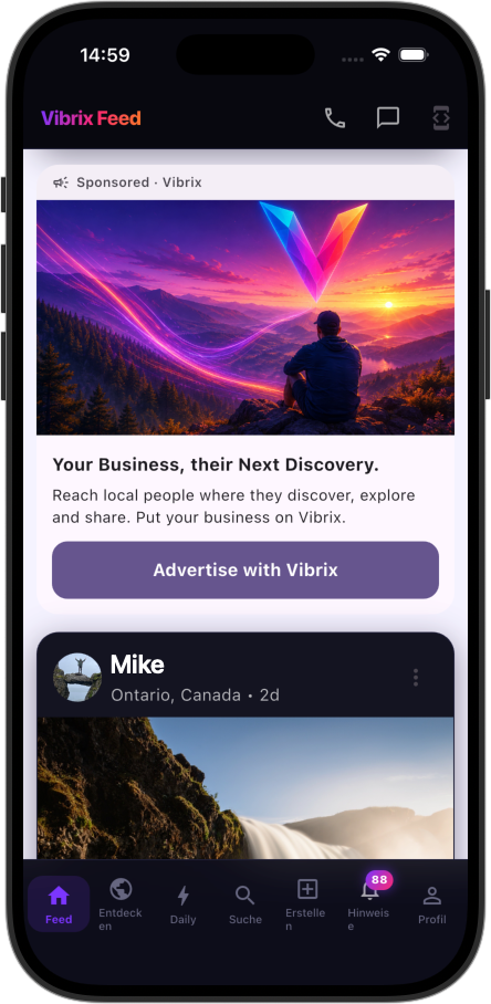 Sponsored Vibrix feed advertisement with campaign image and Advertise with Vibrix call to action