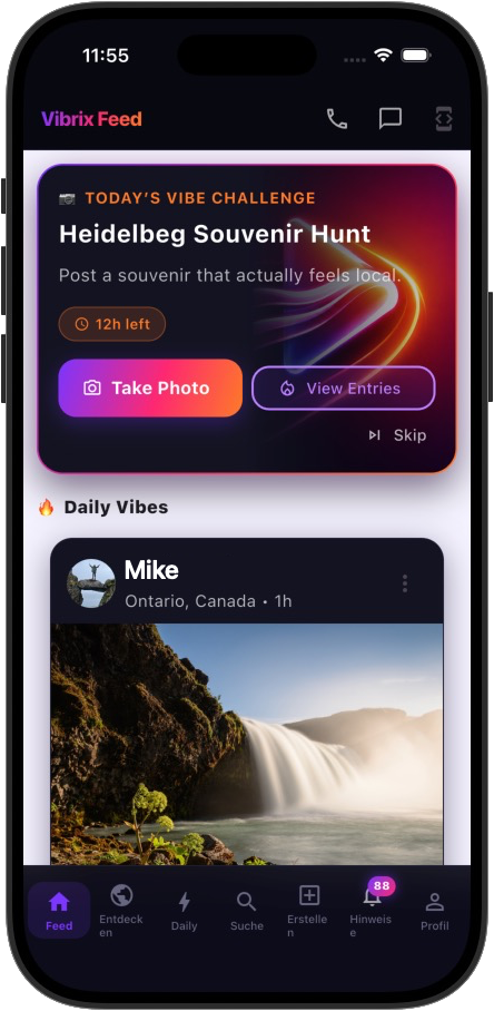 Vibrix Feed showing a daily city challenge and community post